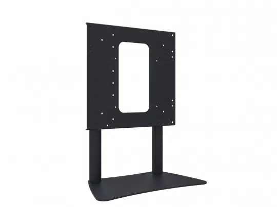 Schwarzer TV-Ständer aus Metall mit rechteckiger Montageschiene, mehreren Schraublöchern, zwei vertikalen Stützsäulen und breitem, flachem Standfuß - ideal zum Kaufen oder Mieten für flexible TV-Aufstellungen.