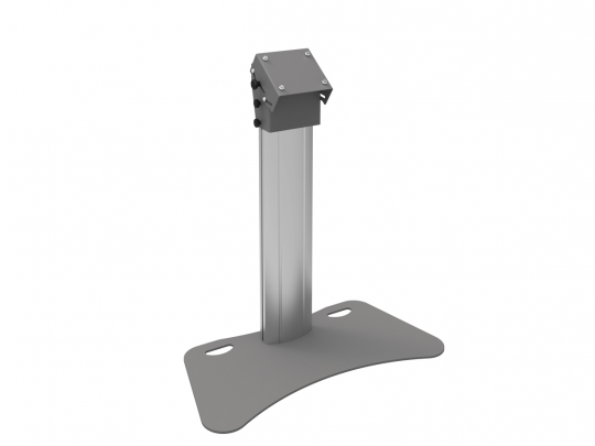 Graues Metall-Podest "Pedestal Stand" mit breiter, flacher Standfußplatte, senkrechter Stützsäule und oben angewinkelter Montagehalterung mit sichtbaren Schrauben - ideal zum Kaufen oder Mieten für Ausstellungen, Monitore oder Displays.