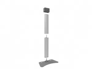 3D-Rendering des freistehenden Display-Ständers, zerlegt in vier Teile: rechteckiges Oberteil, zwei zylindrische Mittelstücke und gebogene Basis mit Montagematerial. Der Display Stand ist zum Kaufen oder Mieten verfügbar.