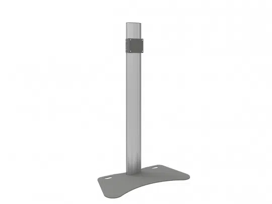 Silberner, hoher Metallständer mit rechteckiger Bodenplatte und quadratischer Befestigungshalterung oben; minimalistisches Design. Der stabile Standfuß eignet sich ideal zum Halten oder Präsentieren verschiedener Objekte. Produktname: Universaler Bodenständer - jetzt kaufen oder mieten.
