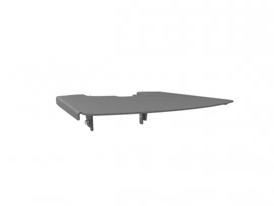 Graues, dreieckiges Wandregal mit flacher Ablagefläche und Befestigungswinkeln an der Unterseite, freigestellt vor weißem Hintergrund. Ideal als platzsparende Regal-Lösung zum Kaufen oder Mieten. Perfekt zur Aufbewahrung in Wohn- oder Arbeitsbereichen.