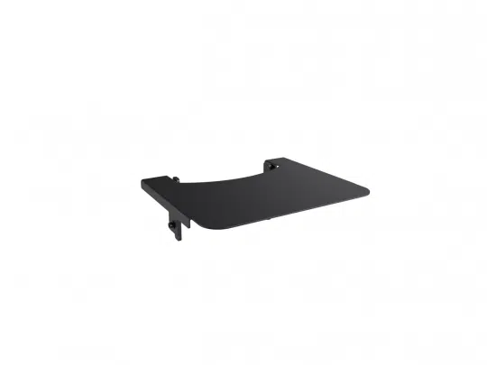 Schwarzes, wandmontiertes Klappregal mit abgerundeten Vorderkanten, Modell "Folding Shelf", in geöffneter und ausgeklappter Position vor weißem Hintergrund - praktisches Regal jetzt bequem kaufen oder mieten.