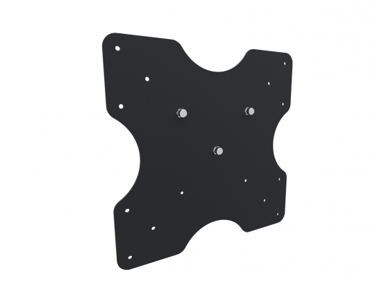 Schwarze, flache TV Wandhalterung aus Metall mit quadratischer Form, mehreren Schraublöchern und konturiertem Rand - ideal zum Mieten oder Kaufen; abgebildet vor weißem Hintergrund.