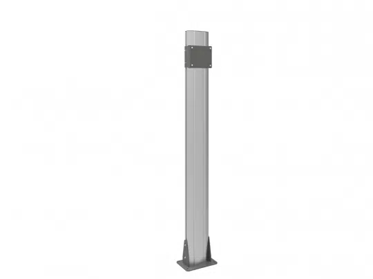 Metallischer Montagepfosten mit rechteckigem Querschnitt, Flanschfuß und oberer Befestigungsplatte - ideal als Montage- oder Installationsstütze kaufen oder mieten; das Produkt steht freistehend vor weißem Hintergrund.