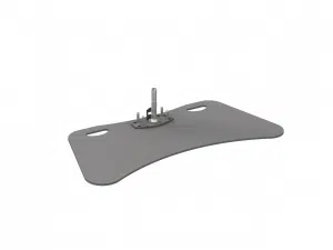 Graue, gebogene Metall-Basisplatte mit zwei Griffen und senkrechtem, zentralem Montagepfosten, umgeben von Schrauben; robustes, industrielles Design - ideal zum Kaufen oder Mieten als Bodenverankerung für Bau- und Eventstrukturen.