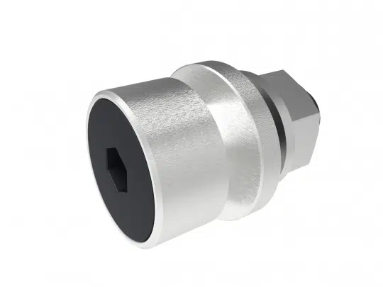 Metallische Stecknuss von Wera mit zylindrischer Form, griffiger Struktur und schwarzer, sechseckiger Öffnung an einem Ende; abgebildet auf weißem Hintergrund - ideal zum Kaufen oder Mieten.