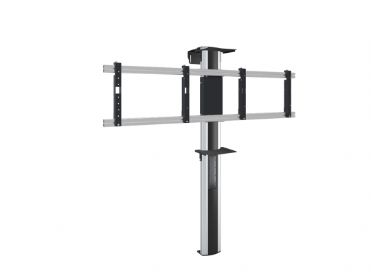 Metall-TV-Wandhalterung mit horizontalen Befestigungsarmen und vertikaler Stützsäule, darunter ein kleines Regal; ideal zum sicheren Anbringen von Fernsehern, erhältlich zum Kaufen oder Mieten - Produkt vor weißem Hintergrund.