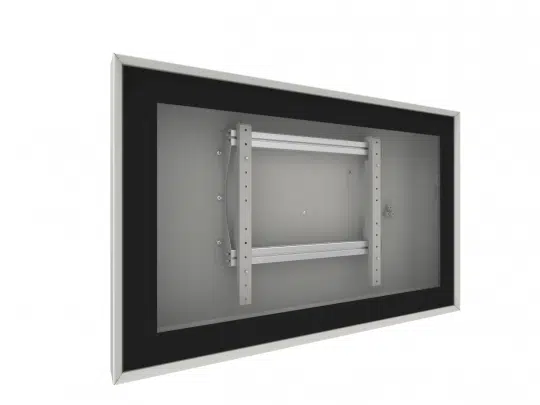 Rechteckiges, wandmontiertes Display-Gehäuse mit schwarzem Front-Rahmen und offenem Zentrum, innen zwei Metall-Montagehalterungen; ideal als Bildschirm-Gehäuse zum Mieten oder Kaufen.