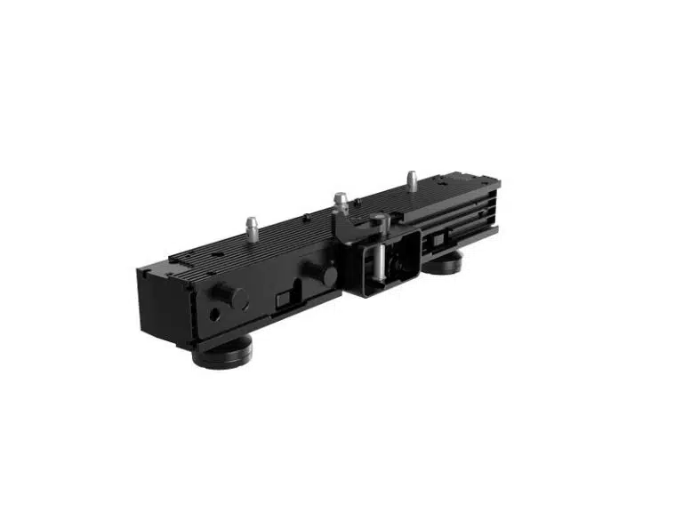 Schwarzes Unilumin URM Stacking Zubehörset für LED-Module, rechteckig mit gerippter Oberfläche, zwei runden Basen und mehreren Schrauben, auf weißem Hintergrund - geeignet zum Kaufen oder Mieten.