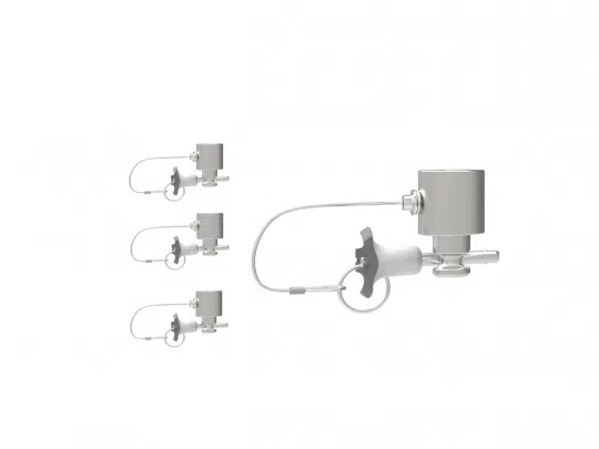 Vier identische silberne mechanische Ventilbaugruppen (Mechanical Valve Assembly) sind vertikal auf der linken Seite angeordnet, rechts daneben ist eine größere und detailliertere Ansicht desselben Ventils zu sehen. Das Produktfoto vor weißem Hintergrund eignet sich ideal für Kunden, die diese Ventile kaufen oder mieten möchten.