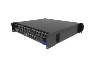 NovaStar MX40 Pro LED Controller auf weißem Hintergrund: Schwarzes, rack-montierbares Gerät mit zahlreichen Ein- und Ausgängen (darunter XLR- und TRS-Anschlüsse) - perfekt zum Mieten oder Kaufen für professionelle LED-Ansteuerung.