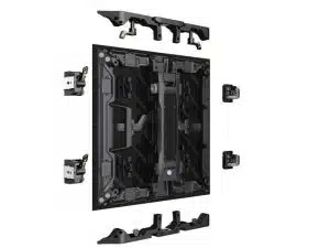 3D-Rendering des LED Wand Moduls 2.6mm - Unilumin URMIII 2.6 MK2 Pro 45° XC (Neuware) in Explosionsdarstellung: Das Produkt zeigt das LED-Modul mit sichtbaren Montageteilen und Anschlüssen, übersichtlich auf weißem Hintergrund dargestellt - perfekt geeignet zur detaillierten Ansicht vor dem Kauf.