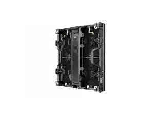LED Display Panel Rückansicht: Schwarzes, rechteckiges LED-Display mit zentralem Tragegriff, sichtbarer Verkabelung und Befestigungspunkten an den Ecken - ideal zum Mieten oder Kaufen; Produkt auf weißem Hintergrund.