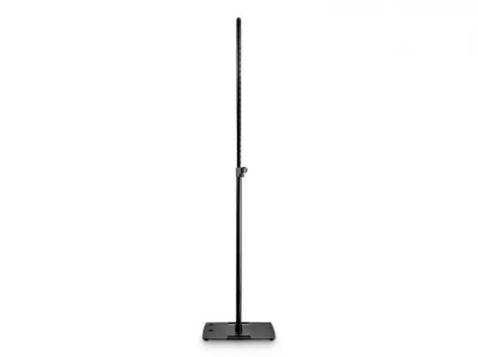 Das Bild zeigt das Gravity TLS 431 B Designstativ zur Miete, ein schwarzes, höhenverstellbares Stativ mit quadratischer Basis für PTZ-Kameras sowie Licht- und Tontechnik. Das Stativ ist seitlich auf weißem Hintergrund abgebildet.