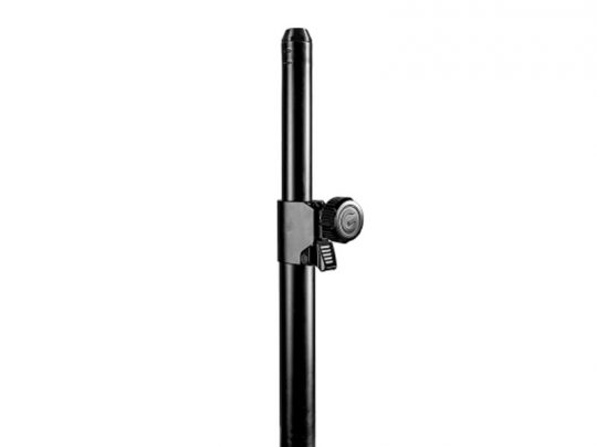 Nahaufnahme eines schwarzen Gravity TLS 431 B Designstativs mit Feststellknopf und Hebel, ideal zum Mieten für PTZ-Kameras sowie Licht- und Tontechnik; das stabile Stativ steht vor weißem Hintergrund.