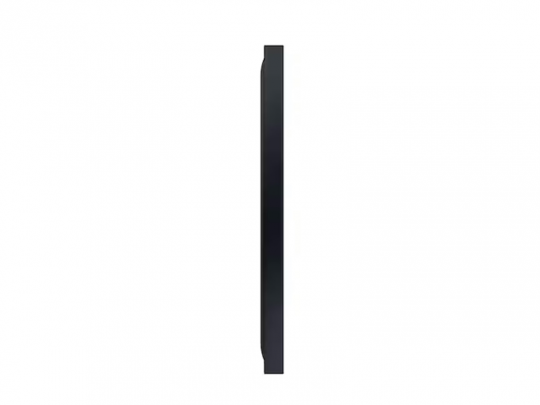 Schlanker, schwarzer 75 Zoll Outdoor 4K QLED-TV Samsung The Terrace, seitliche Ansicht vor weißem Hintergrund; ideal zum Mieten für Veranstaltungen oder den Außenbereich.