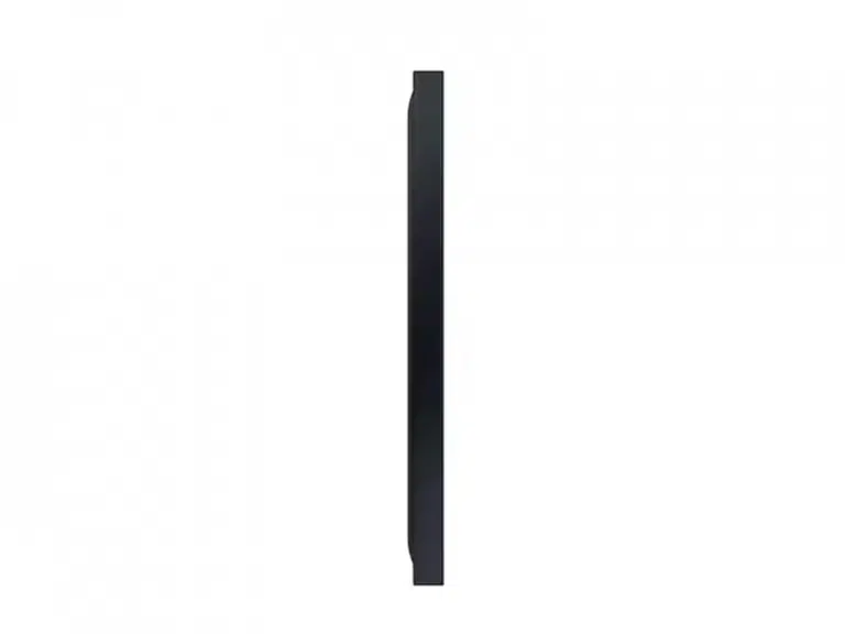 Schlanker, schwarzer 75 Zoll Outdoor 4K QLED-TV Samsung The Terrace, seitliche Ansicht vor weißem Hintergrund; ideal zum Mieten für Veranstaltungen oder den Außenbereich.