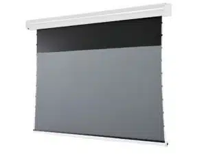 Motorleinwand Celexon Tension Home Cinema Plus CLR UST als Neuware, mit großer grauer Projektionsfläche, weißem Gehäuse und schwarzem Top-Rand; ideale Leinwand für Heimkino-Anwendungen und Ultra-Kurzdistanz-Beamer.
