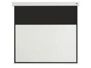 Motorleinwand Celexon Professional Batterie 2.0 - weißes Projektionstuch mit schwarzem oberen Rand im weißen Rahmen, teilmontiert abgebildet; hochwertige elektrische Leinwand für Heimkino oder Präsentationen.