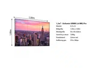 Produktbild der LED Wand 1.50m x 1.00m - 2.6mm URMIII 2.6 MK2 Pro zur Miete; auf dem Display ist eine Stadtansicht bei Sonnenuntergang zu sehen, rechts daneben sind technische Daten auf Deutsch sowie Miet- und Kaufoptionen für das LED Display abgebildet.
