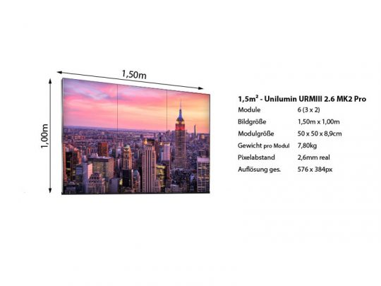 Produktbild der LED Wand 1.50m x 1.00m - 2.6mm URMIII 2.6 MK2 Pro zur Miete; auf dem Display ist eine Stadtansicht bei Sonnenuntergang zu sehen, rechts daneben sind technische Daten auf Deutsch sowie Miet- und Kaufoptionen für das LED Display abgebildet.