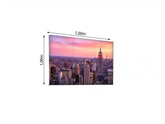 LED Wand 1.50m x 1.00m - 2.6mm URMIII 2.6 MK2 Pro zur Miete; auf dem Bild ist ein modernes LED-Display mit schwarzer, nahtloser Bildschirmoberfläche zu sehen, seitlich markieren Pfeile die Maße 1,50 m Breite und 1,00 m Höhe - ideal als hochwertige Videowand für Events oder Präsentationen. SEO-Keywords integriert: LED Wand, URMIII 2.6 MK2 Pro, LED-Display mieten.