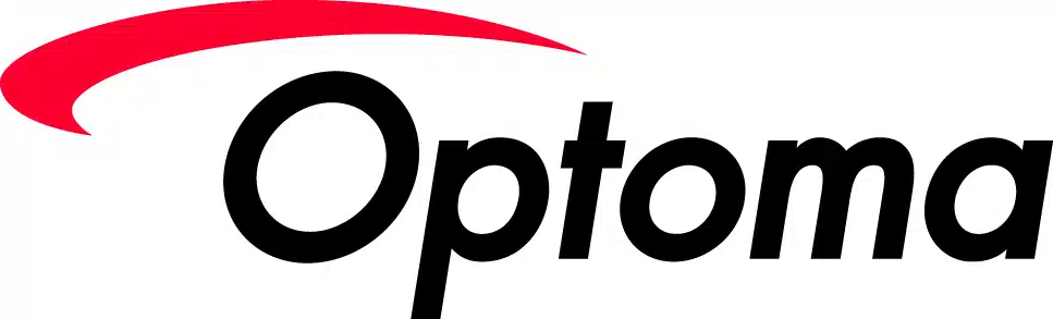 Optoma Logo mit dem Schriftzug "Optoma" in kräftiger schwarzer Schrift und einem roten, geschwungenen Bogen über dem Buchstaben O auf weißem Hintergrund - ideal für alle, die einen Optoma Beamer mieten oder kaufen möchten.