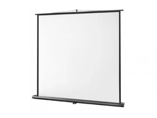 Pull-Up Leinwand Celexon Professional (Neuware) - weiße Projektionsfläche mit schwarzem Rand, in einem stabilen Metallrahmen mit integriertem Standfuß, aufgestellt für Präsentationen und Events; ideal zum Kaufen oder Mieten.