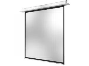 Motorleinwand Celexon Deckeneinbau Professional Plus (Neuware) mit weißer Projektionsfläche und schwarzem Rand, die aus einem rechteckigen, weißen Metallgehäuse herausfährt - perfekt für Präsentationen, im Angebot zum Kaufen oder Mieten.