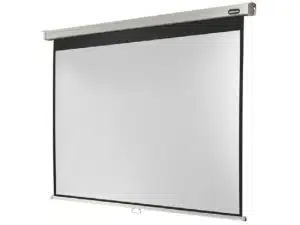 Celexon Professional Rollo Leinwand - Weiße, ausziehbare Projektionsleinwand zur Wandmontage mit schwarzem Rand und Zuglasche, ideal für Heimkino oder Präsentationen.