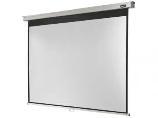 Celexon Professional Rollo Leinwand - Weiße, ausziehbare Projektionsleinwand zur Wandmontage mit schwarzem Rand und Zuglasche, ideal für Heimkino oder Präsentationen.