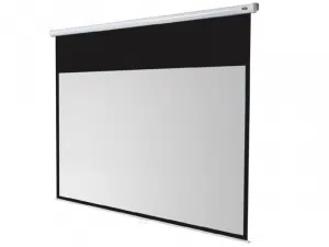 Rollo Leinwand Celexon Economy - neue, ausziehbare Projektionsleinwand mit weißer Fläche, schwarzem Rand und weißem Gehäuse zur Wandmontage; ideal für Heimkino oder Büro Präsentationen.