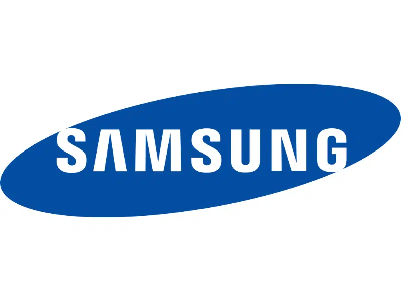 Das Samsung-Logo zeigt den Schriftzug "SAMSUNG" in weißen, fettgedruckten Großbuchstaben innerhalb eines blauen, leicht schräg geneigten Ovals - ideal für Displays zum Mieten oder Kaufen.