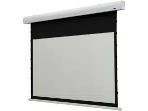 Motorleinwand Celexon Tension Home Cinema als weiße, wandmontierte Projektionsfläche mit schwarzem Rand; neu und ideal für Heimkino oder Präsentationen.
