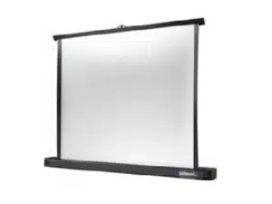 Celexon Tischleinwand Professional - portable, ausziehbare Projektionsfläche mit schwarzem Rahmen, ideal als mobile Leinwand zum Mieten oder Kaufen; abgebildet ausgezogen auf einem Tisch.
