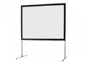 Portable Projektionsleinwand mit schwarzem Rahmen und zwei Metall-Standbeinen; die Leinwand steht aufrecht vor weißem Hintergrund - ideal zum Kauf oder zur Miete von mobilen Beamer-Leinwänden.