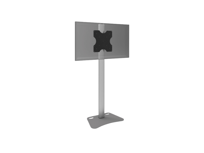 Moderner silberner TV-Ständer für Flachbildschirme, mit rechteckiger Basis, senkrechter Stütze und Befestigungshalterung für Monitore oder Fernseher; das Produkt ist freigestellt vor weißem Hintergrund - ideal zum Kaufen oder Mieten.