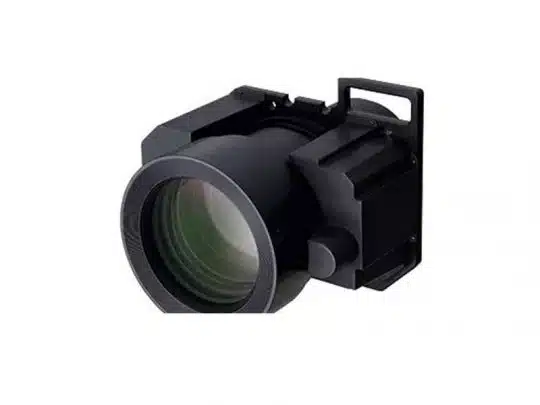 Nahaufnahme des Wechselobjektivs Epson ELPLL09 (Neuware) mit schwarzer, rechteckiger Montagehalterung und Rillen, vor weißem Hintergrund; das Projektor-Objektiv ist einzeln abgebildet und steht zum Kauf bereit.