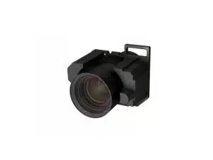 Großes schwarzes Kameraobjektiv mit Griff und Bedienelementen, freigestellt auf weißem Hintergrund; ideal für Fotografen, die ein professionelles Kameraobjektiv kaufen oder mieten möchten.