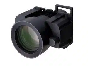Großes, schwarzes Profi-Kameraobjektiv mit rechteckiger Halterung und reflektierendem Glas, z.B. Canon CN-E 30-300mm, ideal zum Mieten oder Kaufen, freigestellt vor weißem Hintergrund.