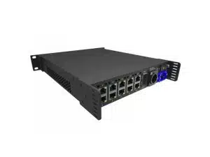 Produktbild des LED LWL-Konverter 10fach - Novastar CVT10-S auf weißem Hintergrund; kompakter, schwarzer Rackmount-Konverter zum Mieten oder Kaufen, mit mehreren Ethernet-Ports, Stromanschluss und für professionelle Lichtinstallationen geeignet.