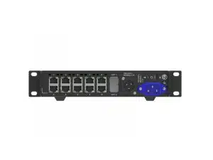 Rückansicht des Novastar CVT10-S LED LWL-Konverters: Das Gerät verfügt über acht nebeneinander angeordnete Ethernet-Ports, einen SFP-Port für Glasfaserverbindungen, einen Netzanschluss, einen Netzschalter und seitliche Montagewinkel. Der LED-Konverter eignet sich ideal zur Miete für professionelle Video-Übertragungslösungen.