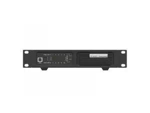 Frontansicht des Novastar CVT10-S - schwarzer LED LWL-Konverter für Rackmontage mit zehn Ports, Kontrollleuchten, USB-Anschluss, beschrifteten Tasten und Display; jetzt mieten.