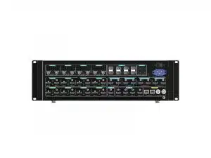 Der nahtlose Switcher - PIXELHUE P20 (Neuware) im Flightcase: Schwarzes, rackmontierbares Gerät mit Schaltern, Kontrollleuchten, Power-Tasten sowie Ethernet- und USB-Anschlüssen auf der Front, vor weißem Hintergrund. Ideal zur Video-Umschaltung bei professionellen Events.