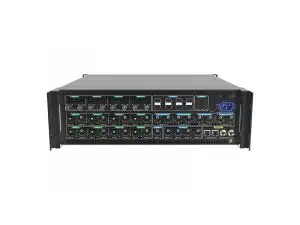 Der nahtlose Switcher - PIXELHUE P20 mit Flightcase (Neuware): Schwarzes, rack-montierbares Gerät mit mehreren Netzwerkanschlüssen, USB-Ports und Stromanschlüssen auf der Frontseite, perfekt für professionelle AV-Umschaltungen; Produkt auf weißem Hintergrund abgebildet. Ideal zum Kaufen oder Mieten für Veranstaltungen und Medientechnik.