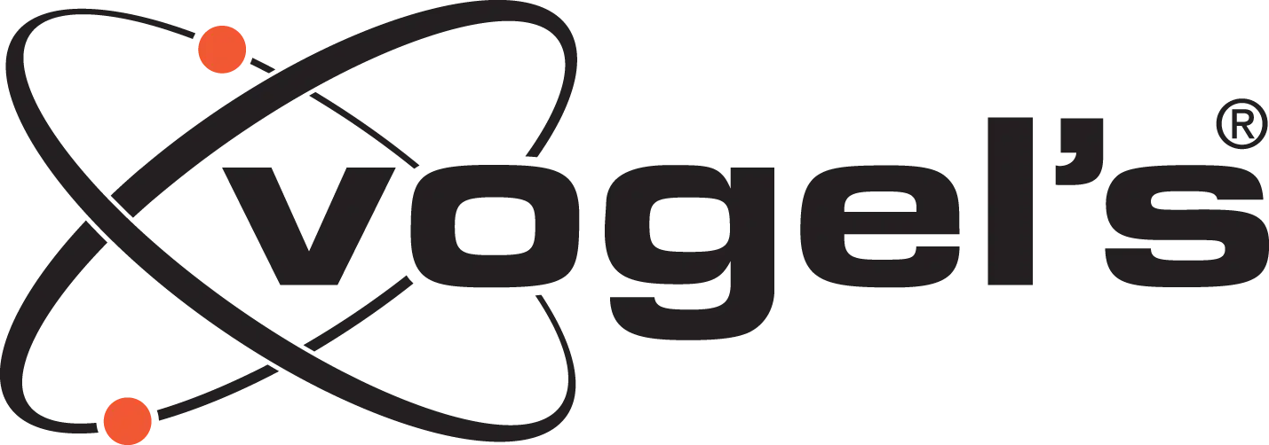 Vogel's Logo: Schwarzer Schriftzug "Vogel's" mit stilisierter Orbit-Grafik und zwei orangefarbenen Punkten (Elektronen) um das "v" - ideal für Unternehmen, die Produkte von Vogel's mieten oder kaufen möchten.