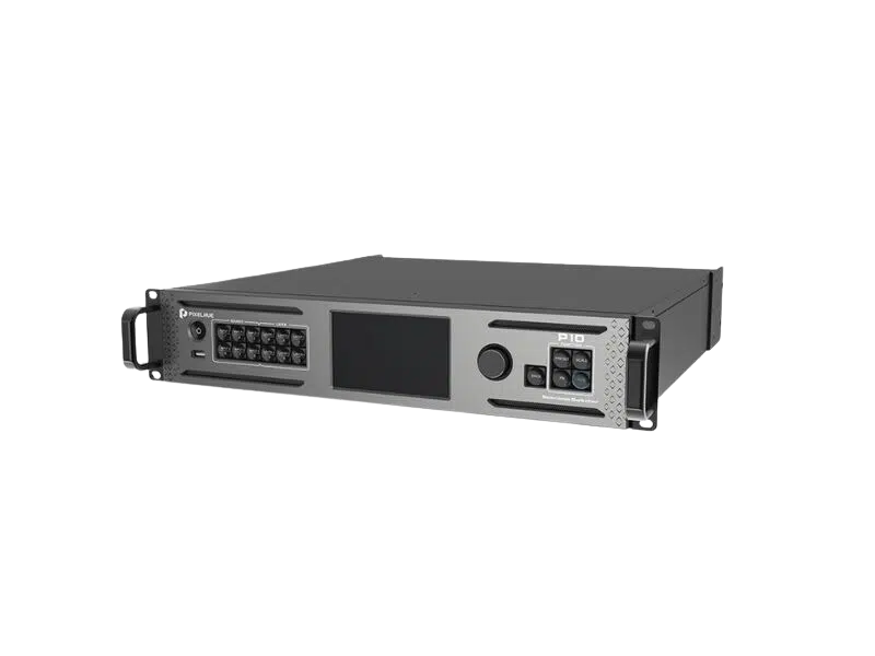Professionelles 19-Zoll-Rackgerät in Schwarz und Silber mit zentralem Display, mehreren Tasten, Drehreglern und LED-Anzeigen auf der Frontseite - ideal für Audio- oder Videosteuerung im Studio. Das Gerät ist als Kauf- oder Mietoption erhältlich.