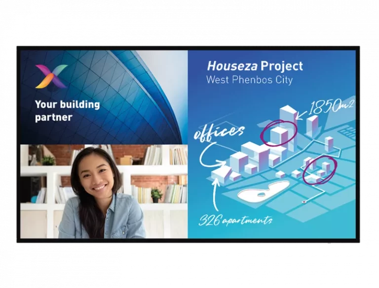 Digitale Präsentationsfolie zum Houseza Projekt in West Phenbos City; eine lächelnde Frau ist im Videoanruf zu sehen, dahinter moderner Gebäudekomplex. Grafiken zeigen Angebot von Büros und 326 Apartments zum Kauf oder zur Miete auf 1850 m².