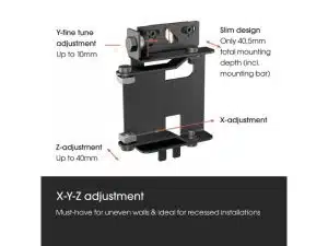 LED-Wandhalterung Vogel's Absen dvLED-Videowand in Schwarz; schlanke Halterung mit Y-Feinjustierung bis 10 mm, Z-Verstellung bis 40 mm und X-Anpassung für flexible Montage von LED-Videowänden. Ideal zum Mieten oder Kaufen, auf dem Bild ist die stabile Metallstruktur mit Einstellrädern und Montagelöchern sichtbar.