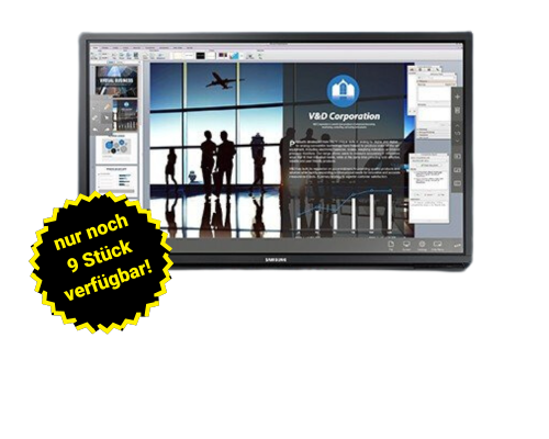 Samsung Interactive Display mit Geschäftspräsentation: Auf dem Bildschirm sind die Silhouetten von Menschen und ein Flugzeug zu sehen. Eine gelbe Stern-Grafik weist auf Deutsch darauf hin: "nur noch 9 Stück verfügbar! - jetzt kaufen oder mieten". Ideal für moderne Büros, Meetings und Präsentationen.